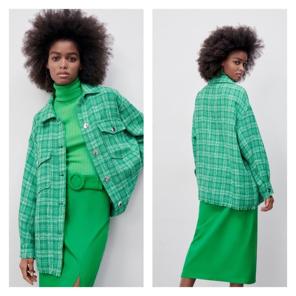 NWT‎ ZARA Plaid Tweed Button Down Overshirt S Green